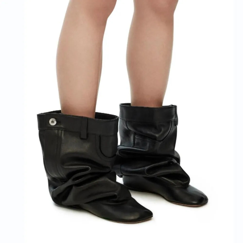 Women's High Rise Knee Length Women's Boots Fashion Size 43 Large Flat Bottom High Barrel Mid Sleeve Women's Boots