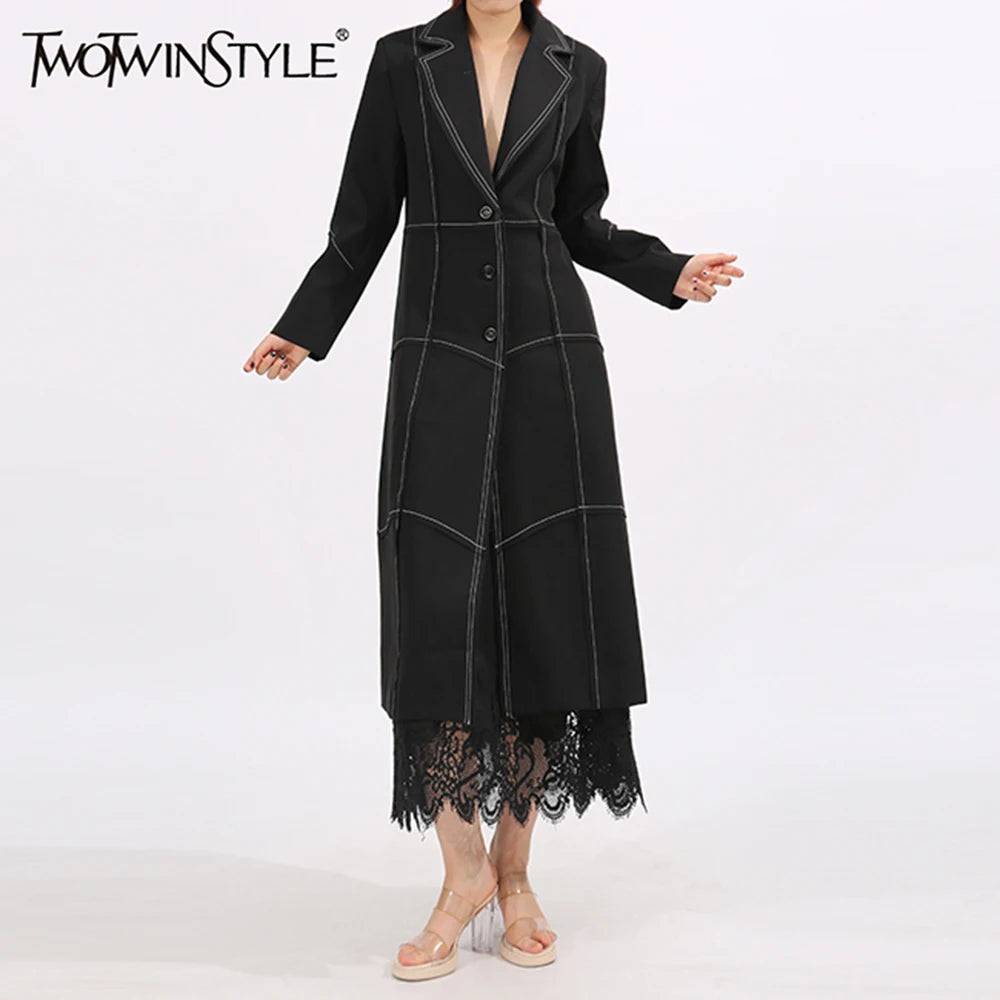 TWOTWINSTYLE Slimming Spliced Single Breasted Elegant Trench for Women Lapel Long Sleeves Temperament Jacket Femlae Clothing New