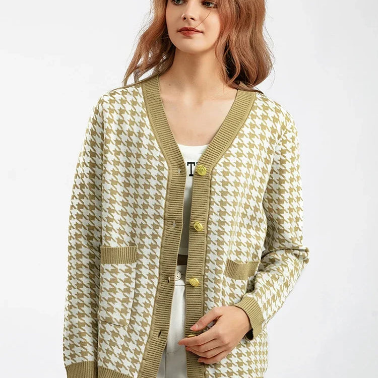 Houndstooth Cardigans Long Sleeve Sweater Women Autumn Winter Clothes Open Stitch Female Outwear Streetwear Knitted Cardigan