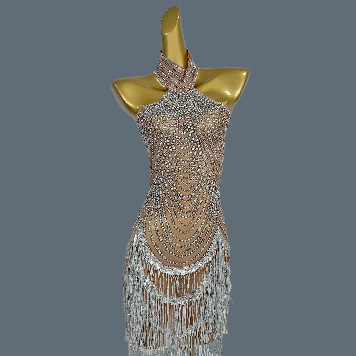 Shining Diamonds Tassel Dress Sexy Women Elastic Perspective Crystal Dress Singer Stage Costumes Latin Dance Dress Diaodeng