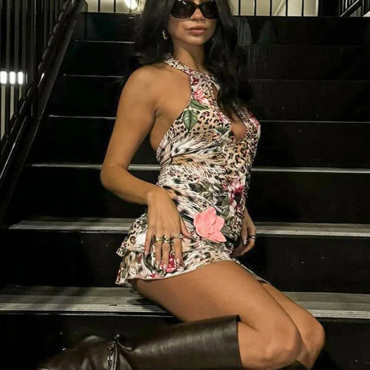 Hollow Out Halter Print Mini Dress For Women Robe Fashion Sleeveless Backless High Waist Ruffled Club Party Dress