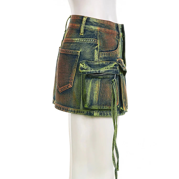 Women's Denim Skirts Tie-dye Green Irregular Spliced Multiple Pockets Cargo Mini Skirt Autumn Fashion