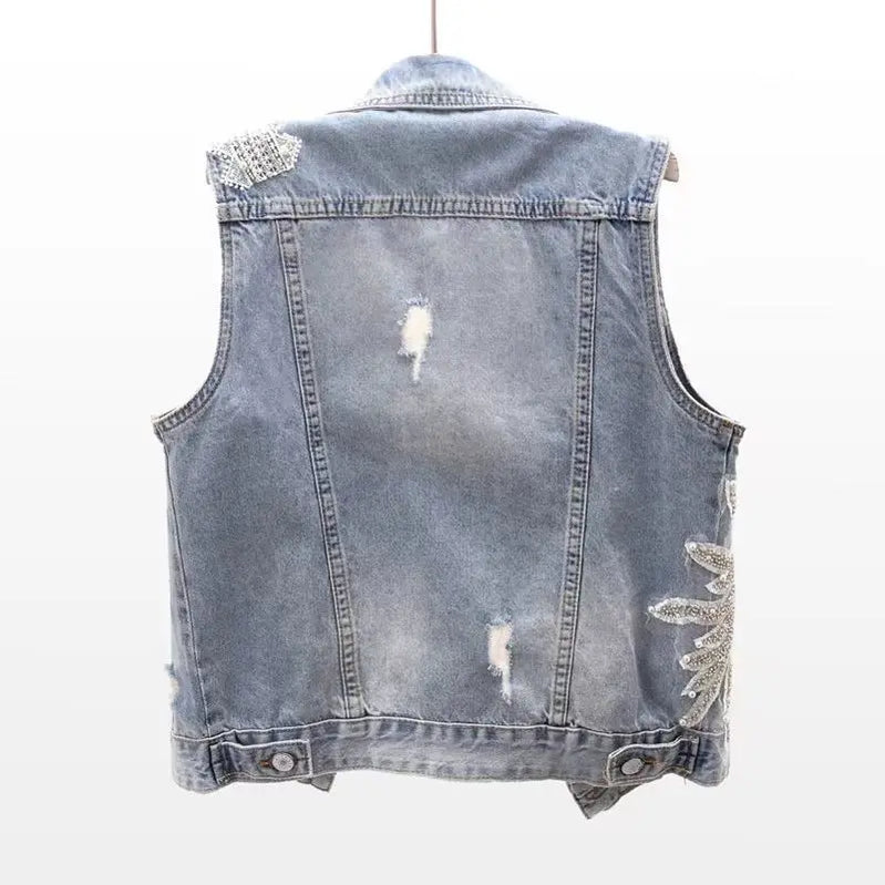 Women's Korean Style Lace Beaded Denim Vest Denim Waistcoat Fashion Cardigan Sleeveless Cropped Top Loose Plus Size Ripped Vest