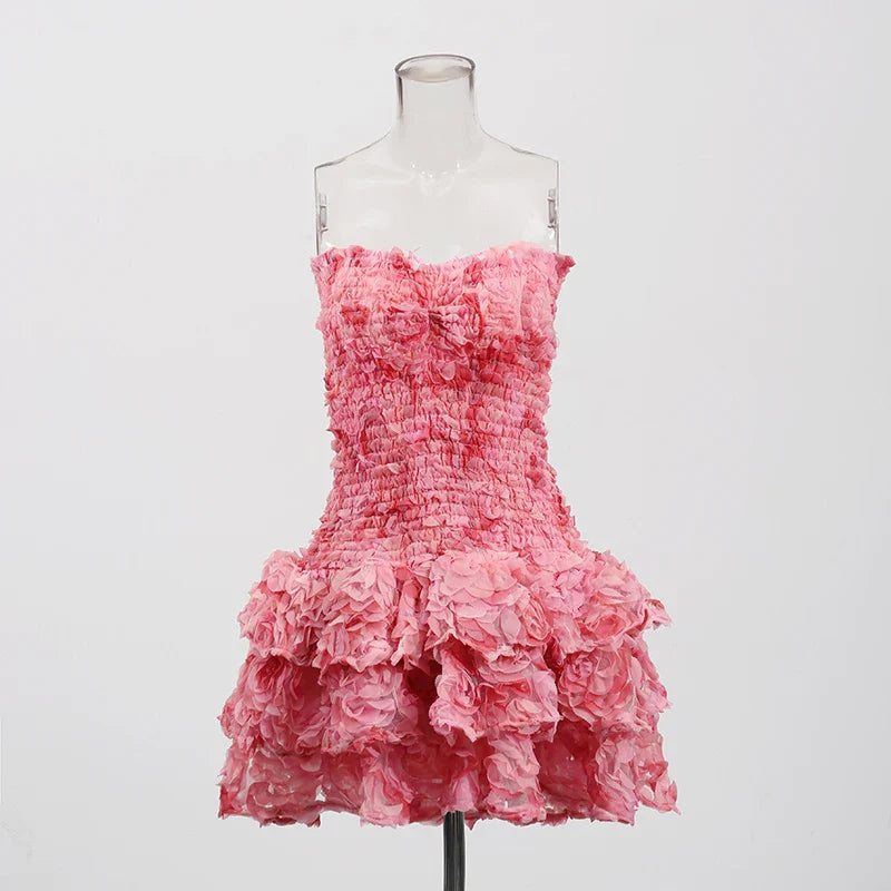 Vestidos temperamentais da moda com blocos de cores para mulheres, sem alças, sem mangas, patchwork, flores 3D, roupa feminina