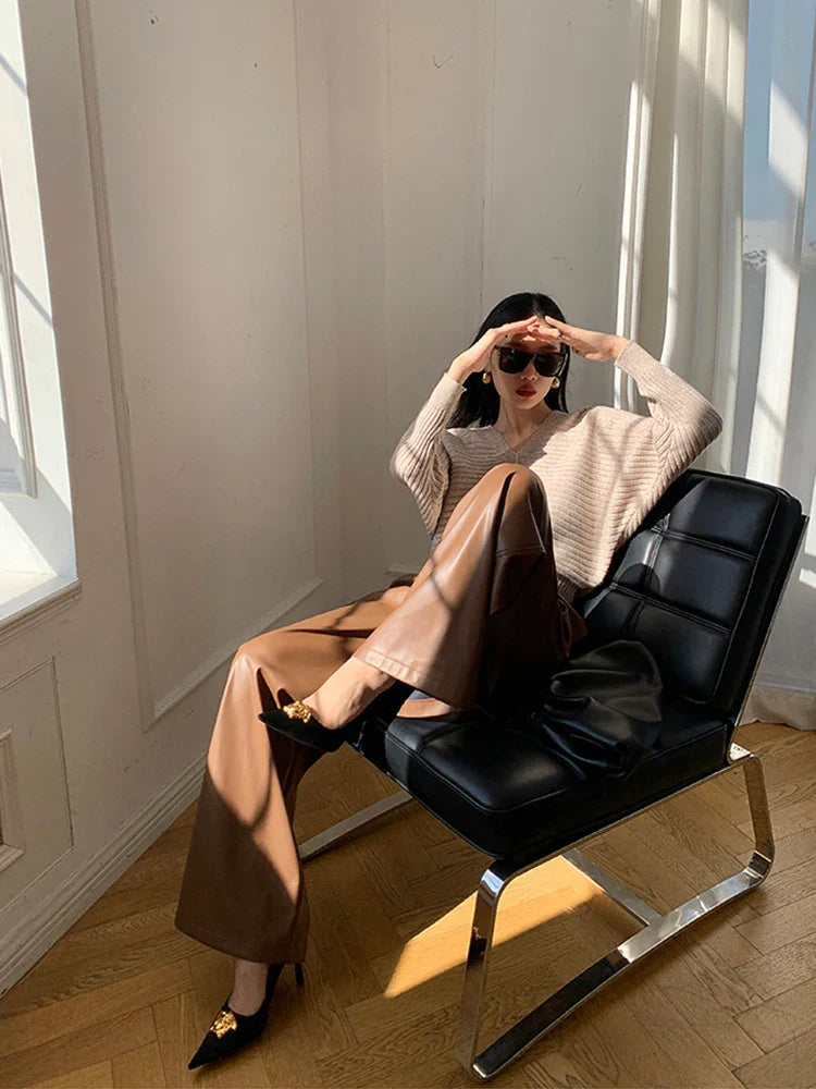 Spring Autumn Loose Casual Soft Black Burgundy Pu Leather Wide Leg Pants for Women High Waist Korean Style Fashion 2023 coffee