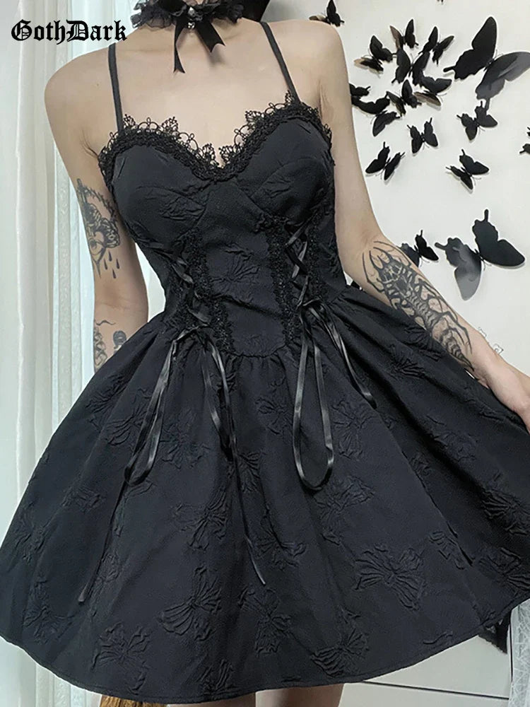 Goth Dark Tie Up Mall Gothic Elegant Women Dresses Grunge Aesthetic Jacquard A-Line Dress Emo Lace Trim Black Party Alt Clothes black