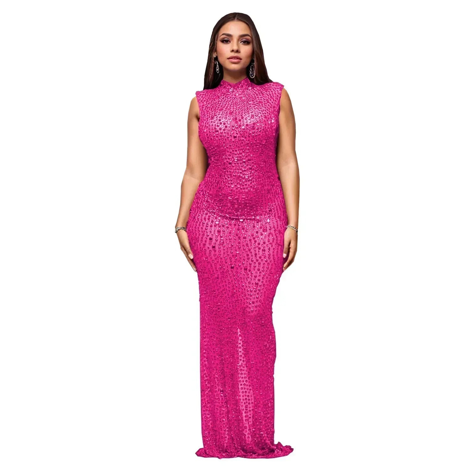 CM.YAYA 2024 Fall Diamonds Hot Rhinestones O-neck Women Sleeveless Bodycon Long Dress Birthday Party Evening Prom Maxi Dresses Rose Red
