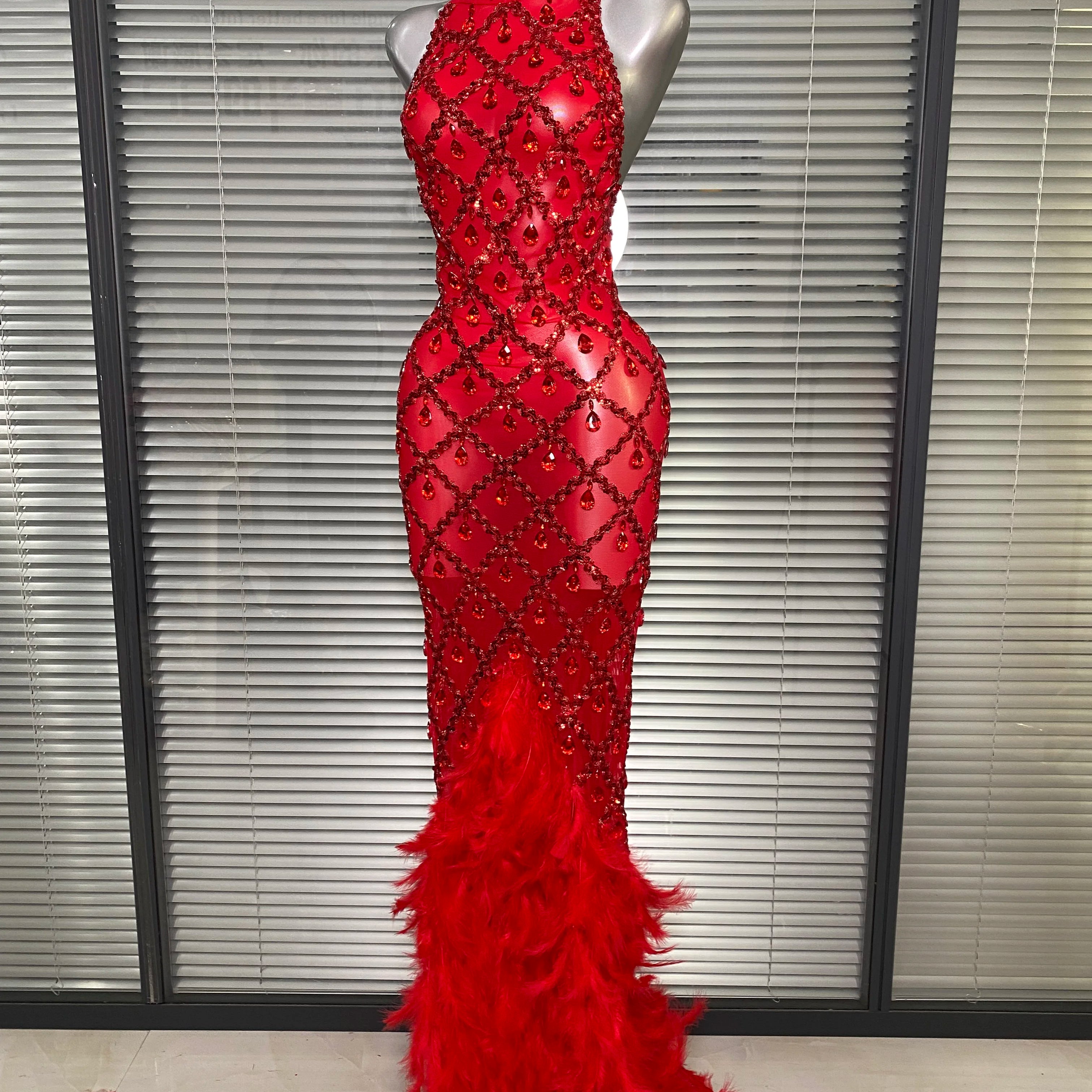 New Women Sexy Black Red Feathers Crystal Diamonds Maxi Dress Birthday Party Costume Elegant Singer Stage Performance Dress