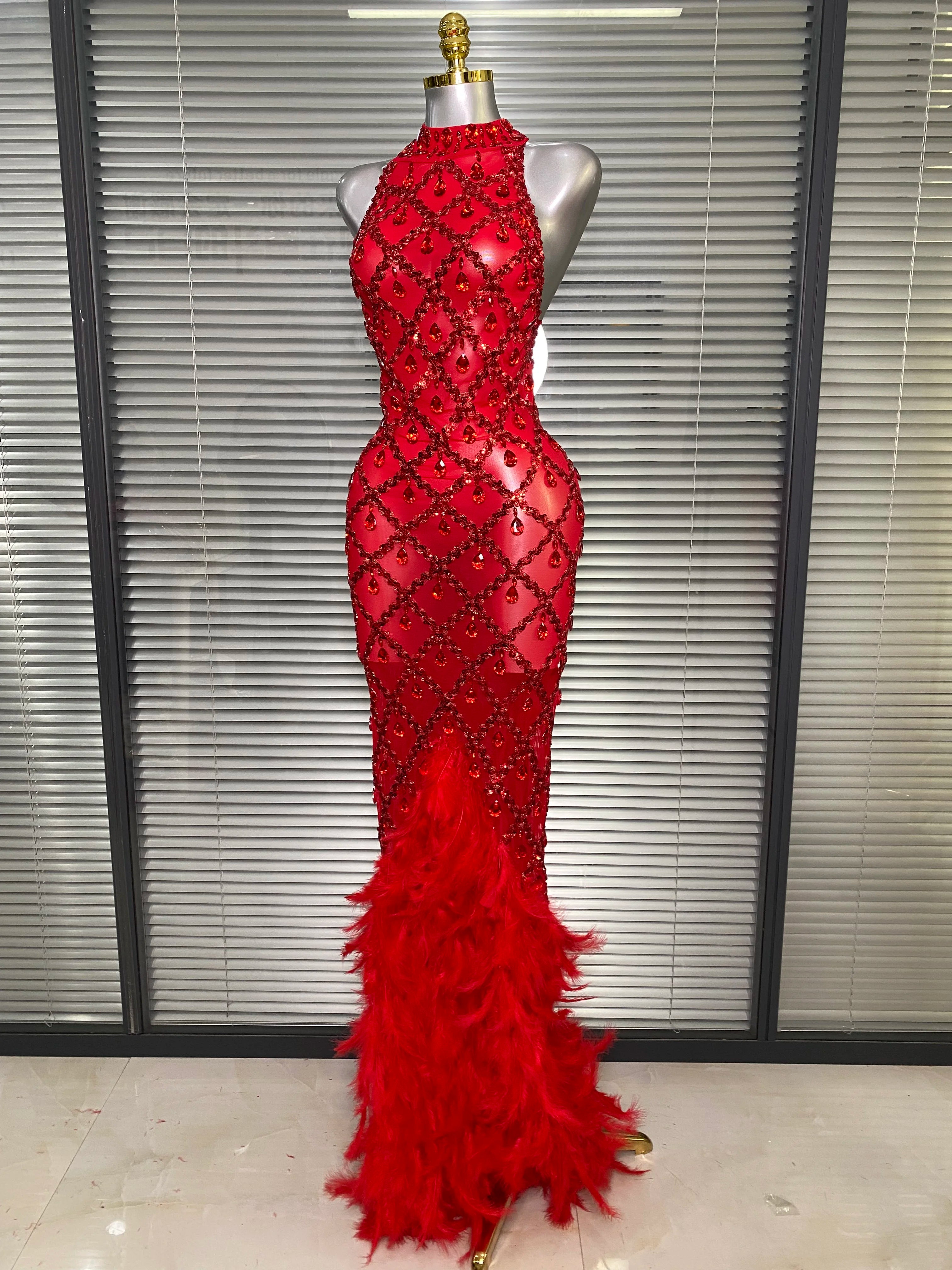 New Women Sexy Black Red Feathers Crystal Diamonds Maxi Dress Birthday Party Costume Elegant Singer Stage Performance Dress
