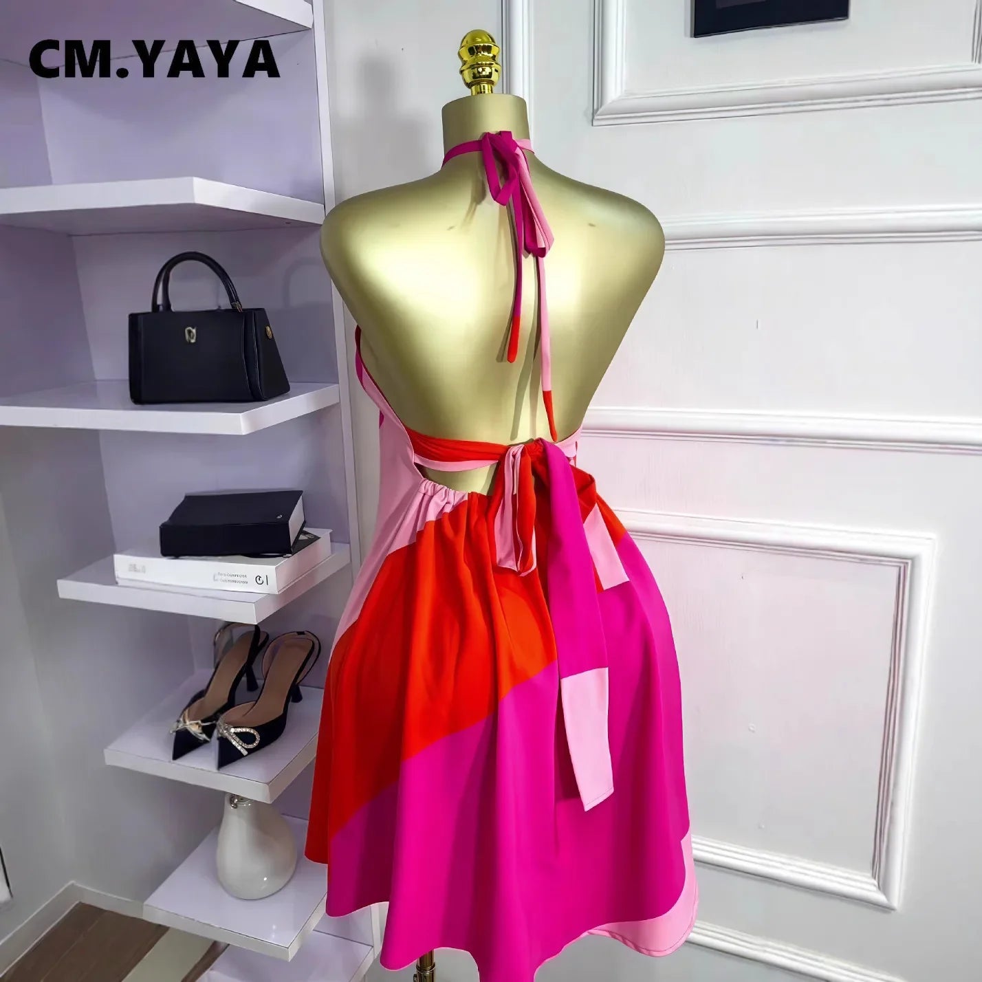 CM.YAYA Women Colorblock Halter Neck Backless Floral Applique A-line Mini Dress 2025 Summer Vacation Birthday Sexy Party Dresses