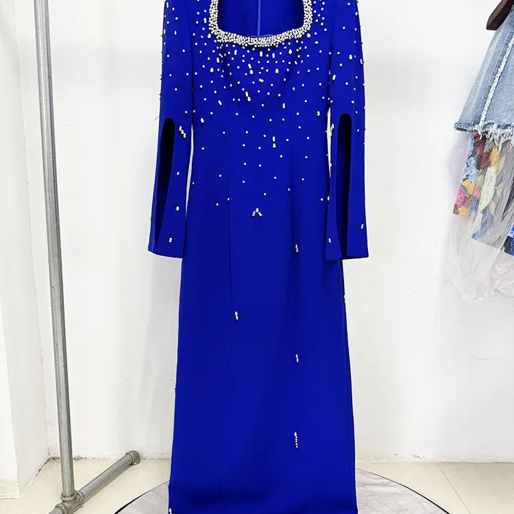 TWOTWINSTYLE Solid Slimming Spliced Bead Luxurious Dresses for Women Square Neck Long Sleeves Patchwork Split Dress Femlae New