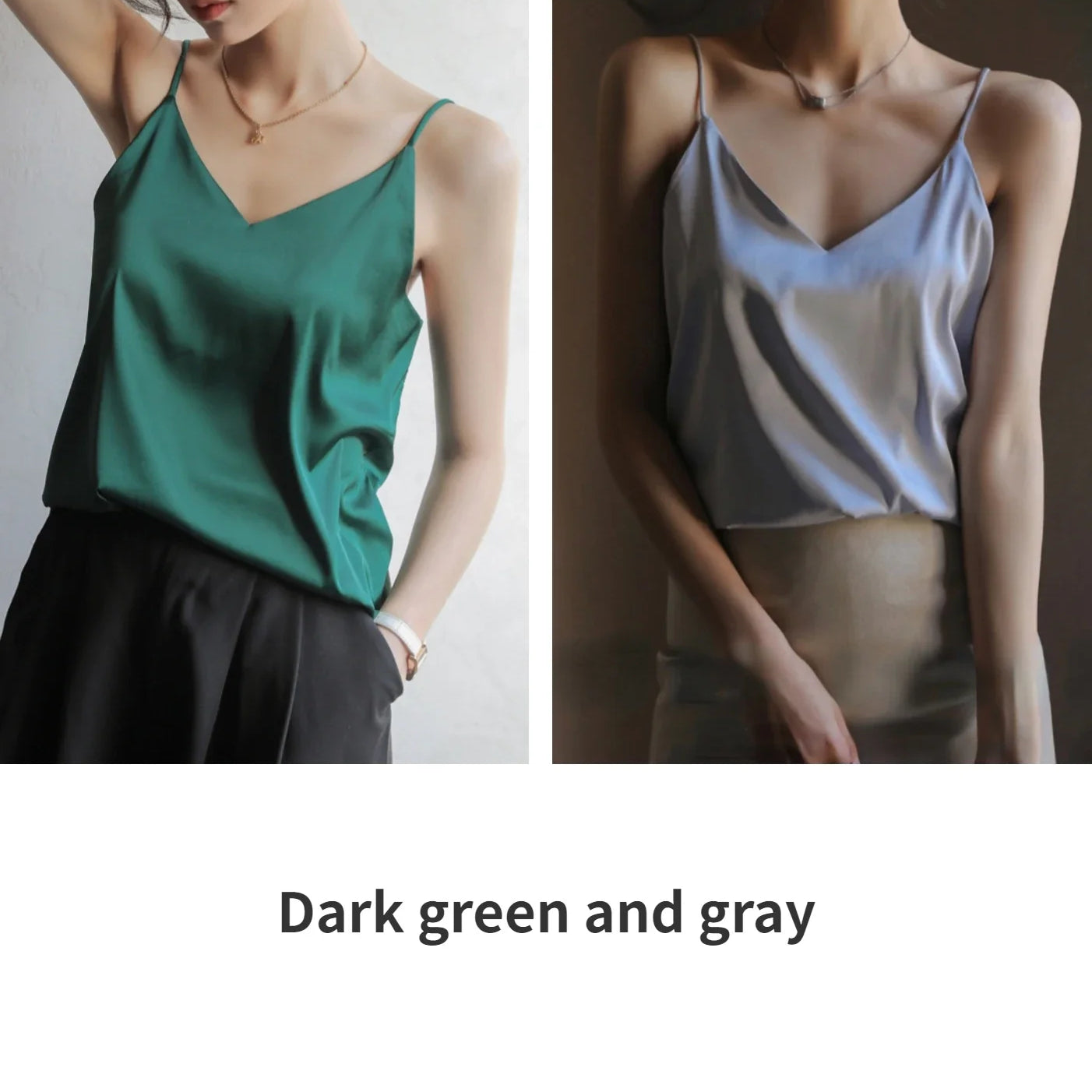 Grey Camisoles for Women Acetate SATIN Loose Summer Spaghetti Strap Tank Top Solid V-neck Fashion Sexy Backless Tanks & Camis Dark green and gray