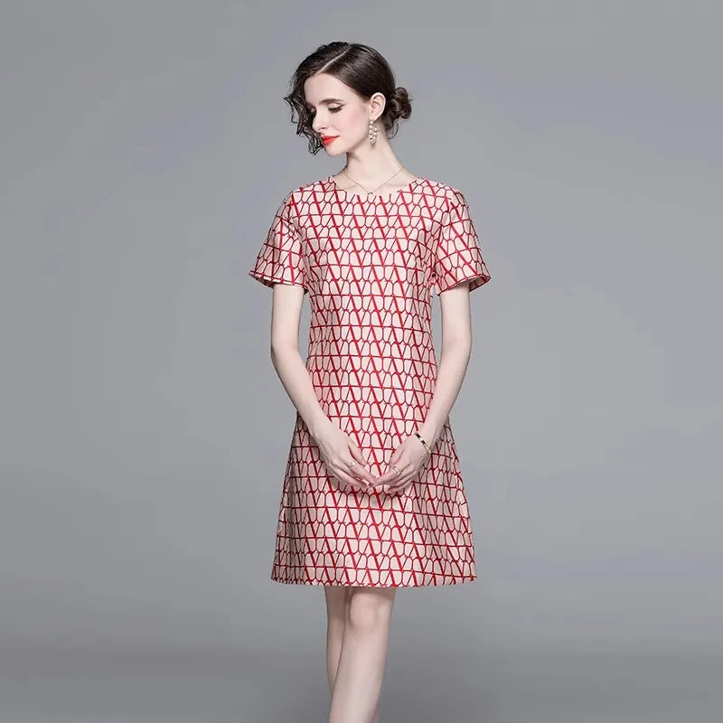 New Fashion Geometry Jacquard Short Sleeve Summer Dress Chic Elegant Temperament A-line Round Neck Dress Women Vestidos