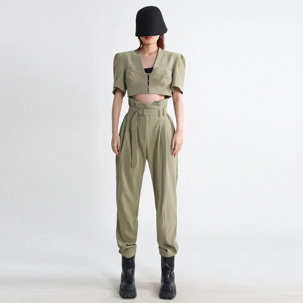 VGH Slim Two Piece Sets For Women V Neck Short Sleeve Crop Tops High Waist Spliceed Belt Wide Leg Pants Casual Set Female 2023 Green