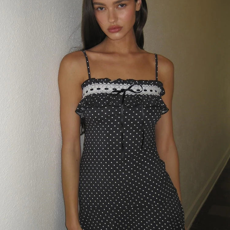 Spaghetti Strap Polka Dot Mini Dress For Women Robe Contrast Color Off-shoulder Sleeveless Backless Club Party Dress