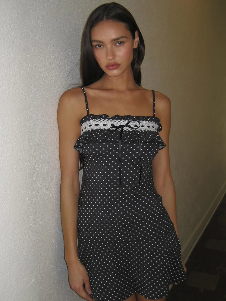 Vestido curto de bolinhas com alças finas para mulheres, robe, cor contrastante, ombro de fora, sem mangas, costas nuas, vestido de festa para clube