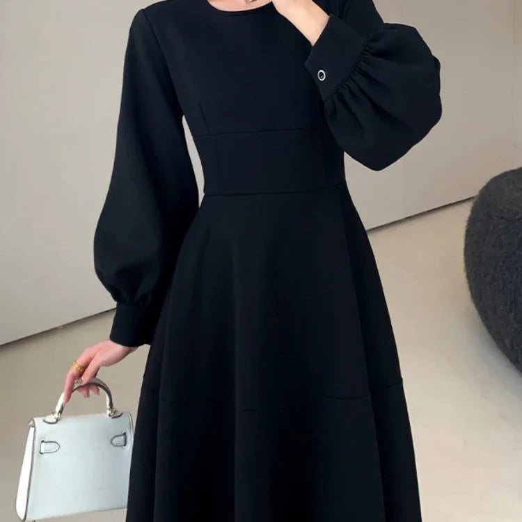 Spring Elegant Women Fashion New Casual Black Dress Vintage A-Line Solid Party Birthday Robe Female Chic Clothes Mujers