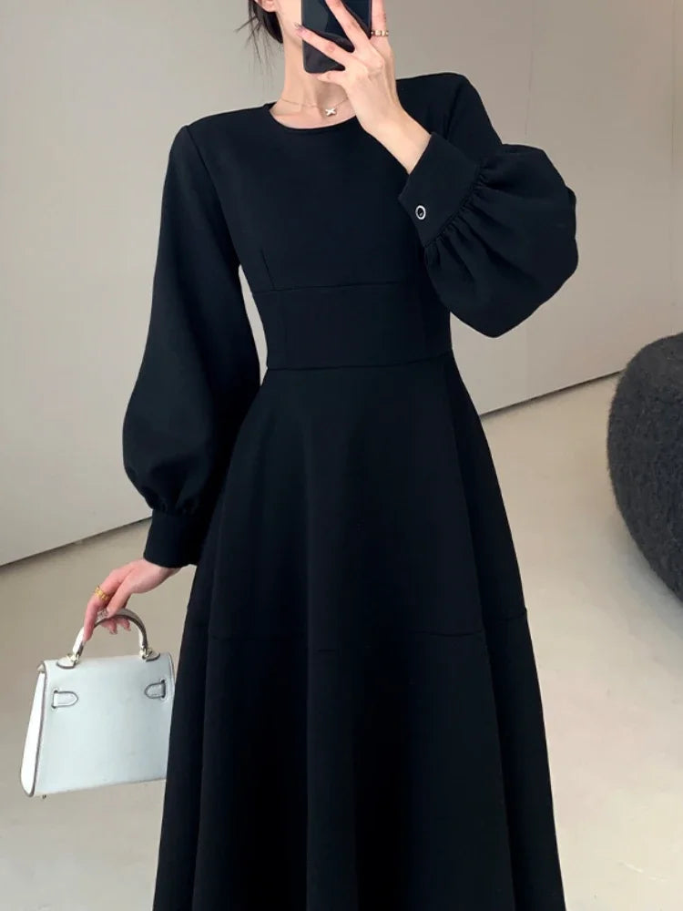 Spring Elegant Women Fashion New Casual Black Dress Vintage A-Line Solid Party Birthday Robe Female Chic Clothes Mujers