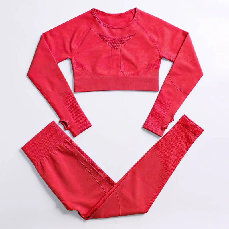 2PCS Seamless Women Sports Suits Yoga Set Workout Sportswear Gym Clothing Fitness Long Sleeve Crop Top High Waist Leggings ShirtsPantsRed