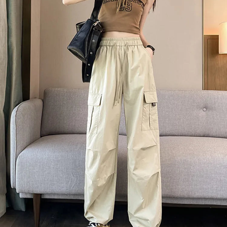 Vintage Retro Solid Women Cargo Pants Quick Dry Spring Summer Elastic Waist Casual Streetwear Straight Trousers