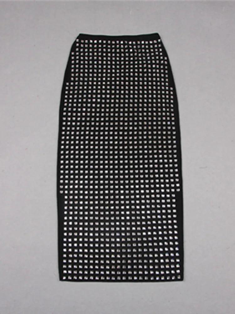 Summer Women Black Diamonds Midi Bodycon Skirt Designer High Waist Party Office Lady Elegant Split Skirt