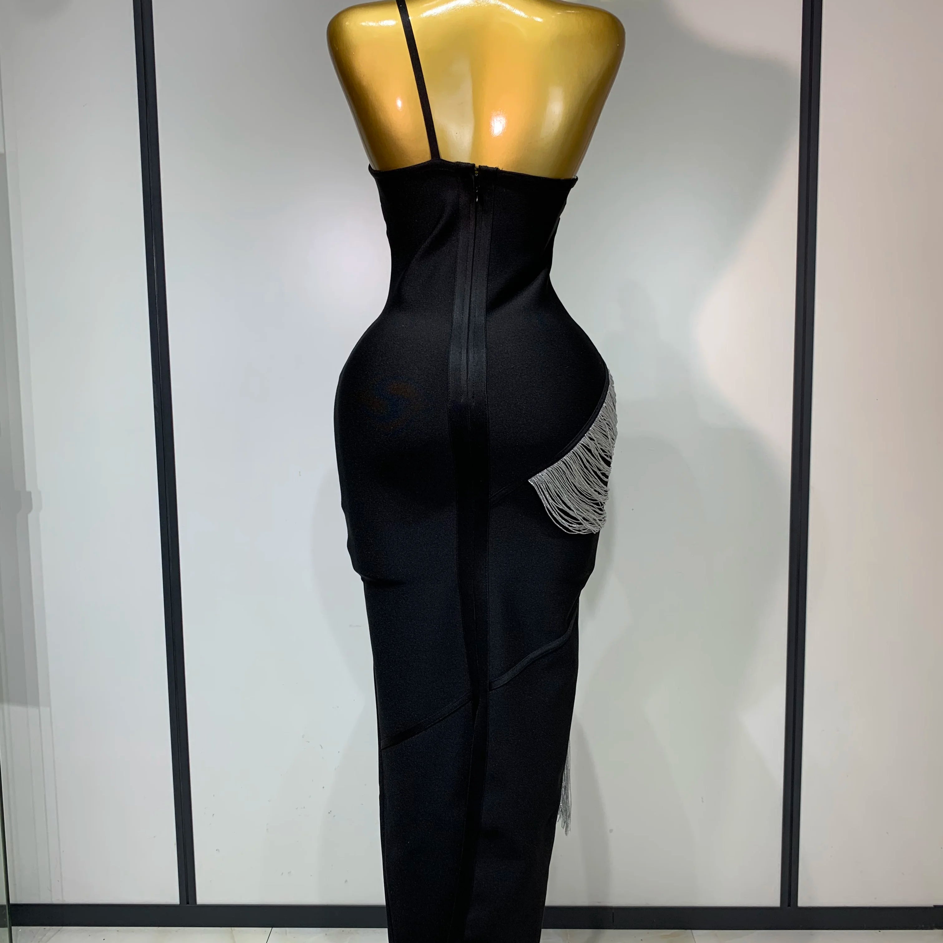 Women Sexy Slanted Collar Silver Tassel Bandage Dress Women Black Sleeveless Bodycon Dresses Evening Party Club Birthday Gowns