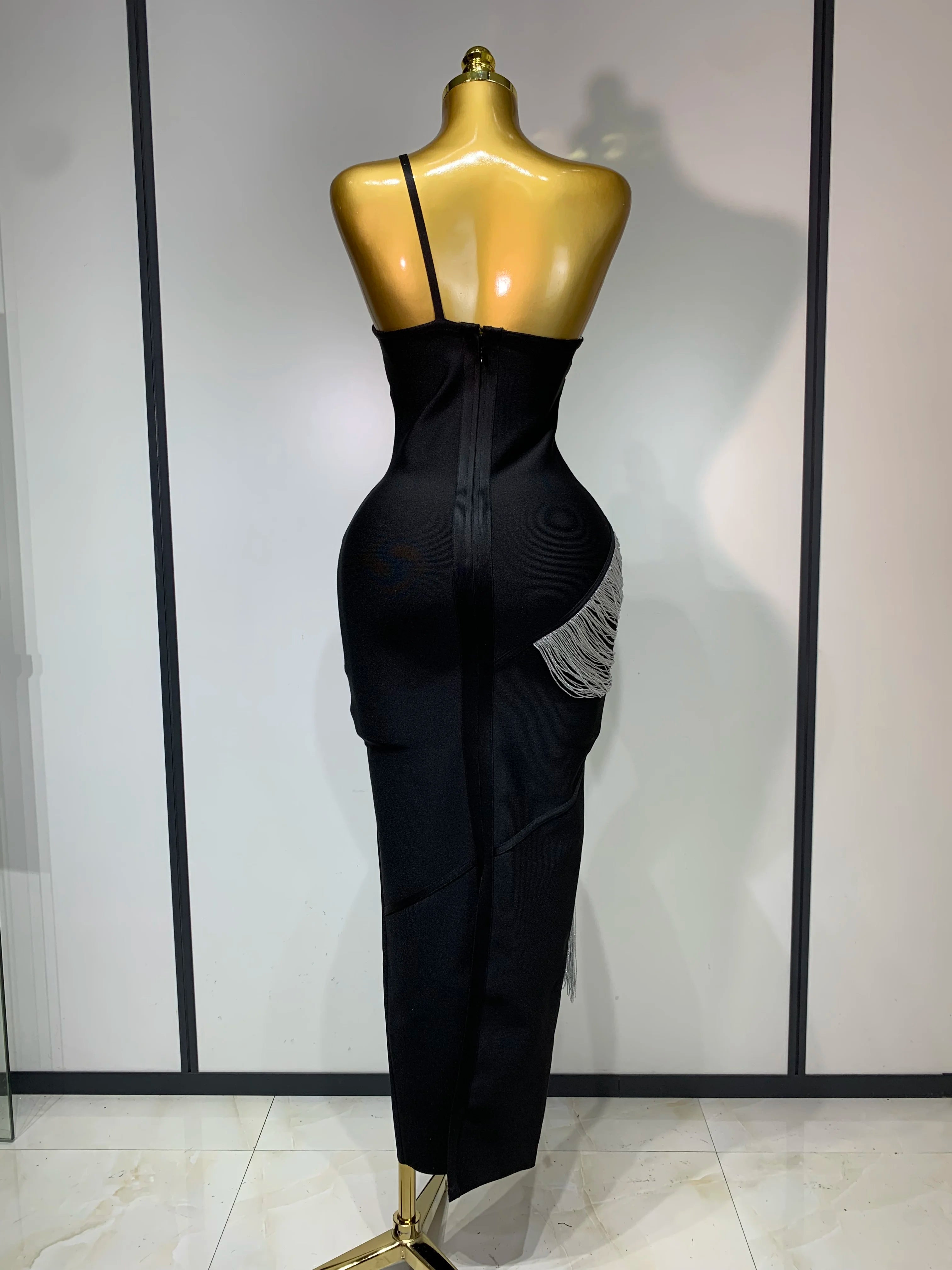 Women Sexy Slanted Collar Silver Tassel Bandage Dress Women Black Sleeveless Bodycon Dresses Evening Party Club Birthday Gowns