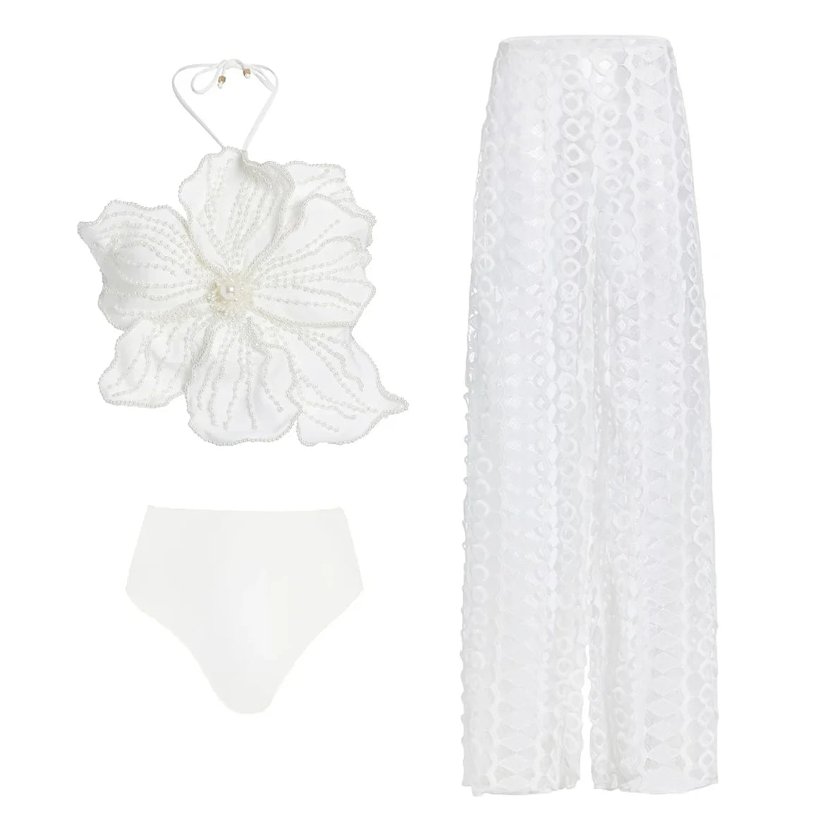 Fashion Flower Bikini Pearl Design Neck Swimsuit Luxury Sexy Tube Top Halter Seaside Vacation Hollow Trousers 2024 Women'S Retro