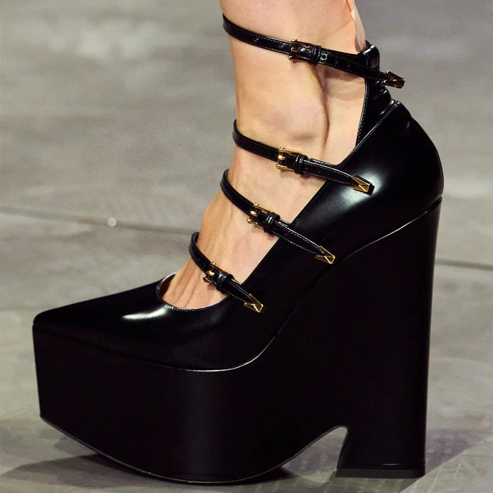 YJXKJY 2023 Spring Autumn Women's Shoes Super High Heel Party Fashion Mary Jane Thick Sole Buckle Show Nightclub Ladies Shoes Black PU