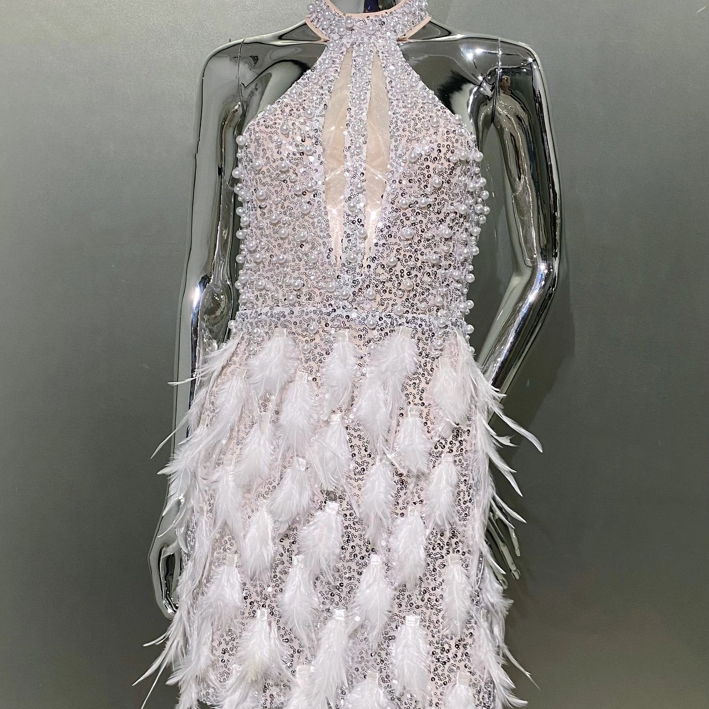 High Quality Gorgeous Feathers Beading High Slit Strapless Long Dress Woman Evening Dress Celebrity Birthday Party Outfit