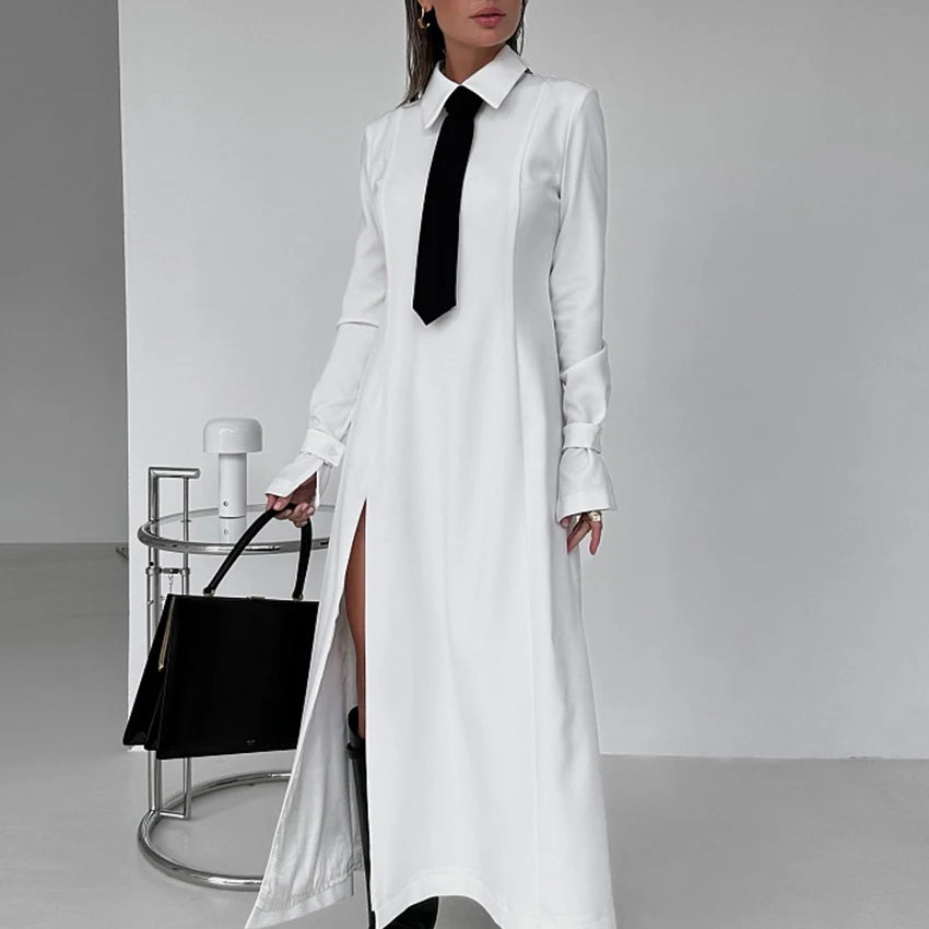 Fashion Slim White Office Dress Casual Lapel Long Sleeve Ankle Length Dress Elegant Classic Slit Dresses For Women 2024