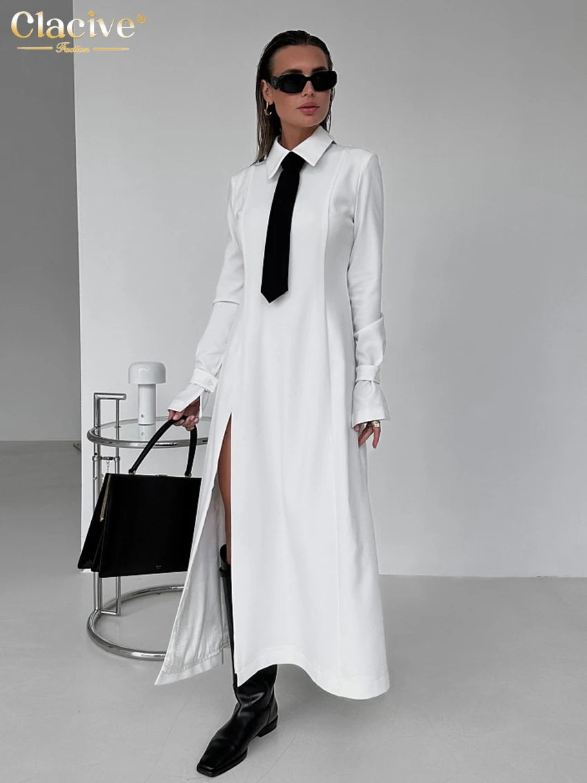 Fashion Slim White Office Dress Casual Lapel Long Sleeve Ankle Length Dress Elegant Classic Slit Dresses For Women 2024