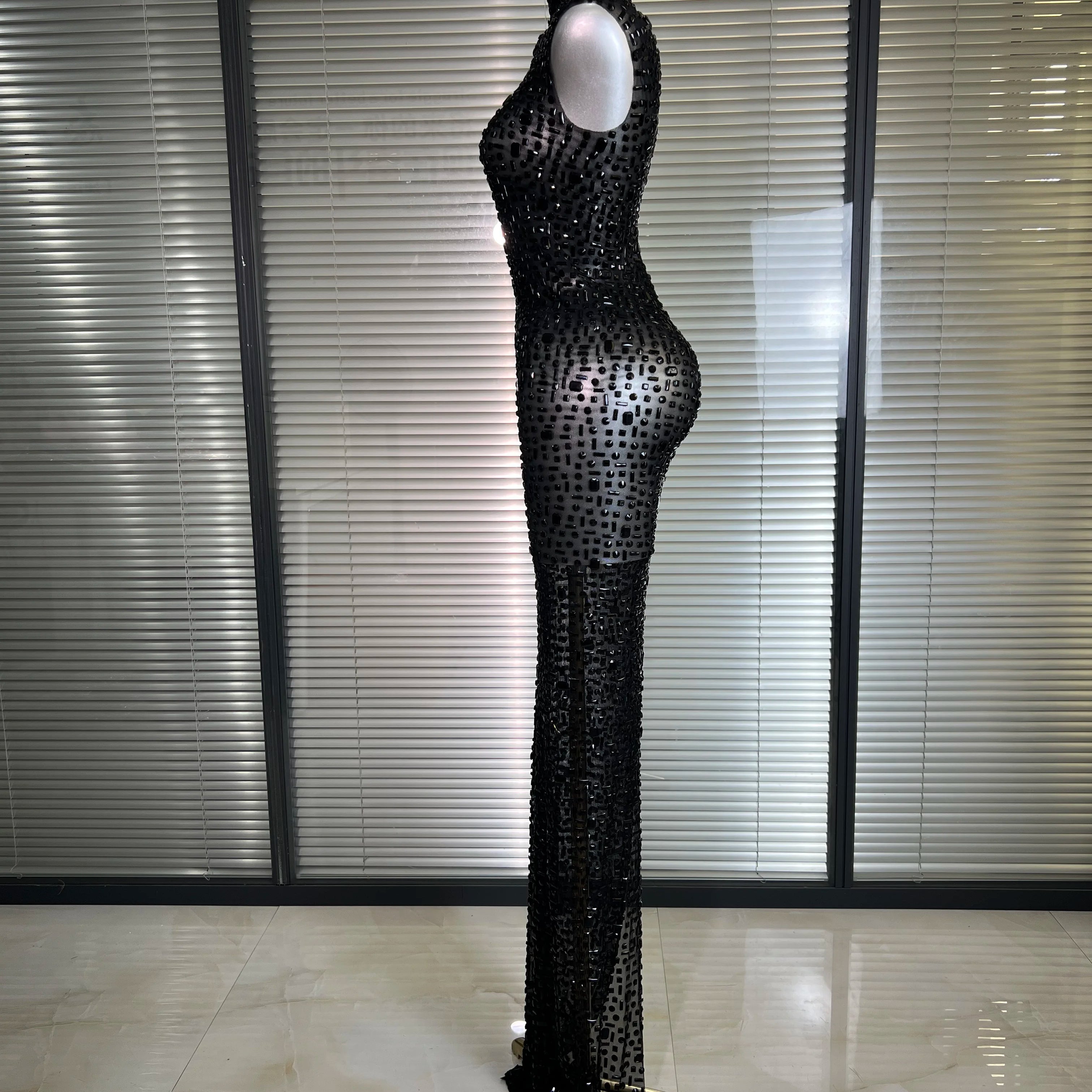 Women Sexy Mesh Crystal Diamonds Black Maxi Dress See Through Party Singer Stage Performance Costume