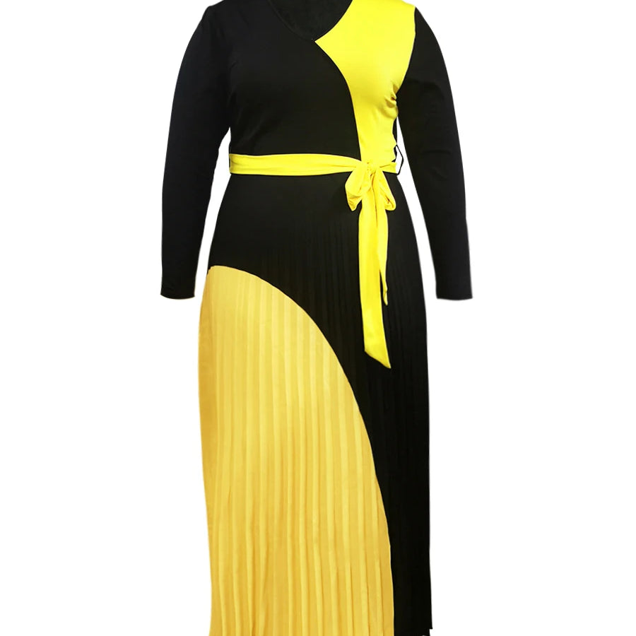 Elegant Fall Maxi Dresses Bandage Design Tiered Pleated A Line Dress Belted Long Sleeve V Neck Flowy Patchwork Vestidos