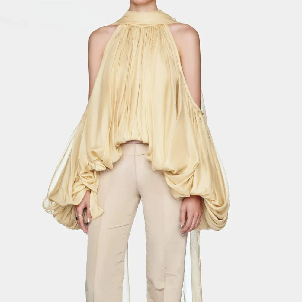 Solid Loose Spliced Folds Mini Blouse for Women Round Neck Long Sleeves Patchwork Hollow Out Elegant Top Female New