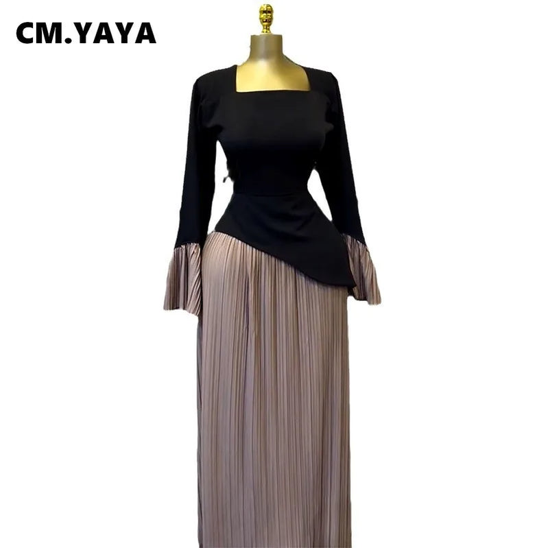 CM.YAYA Women Patchwork Flare Long Sleeve U-collar Pleated Big Swing Maxi Long Dress 2025 Birthday Sexy Club Party Even Dresses