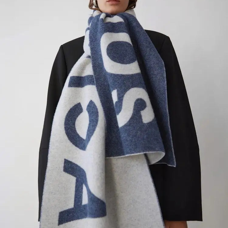 Winter Thickened Letter Shawl for Women Thermal Warm Resistant Wool Scarf Outdoor Fashion Versatile Windproof Women Accessories AC Letter-Denim Blue 70X210