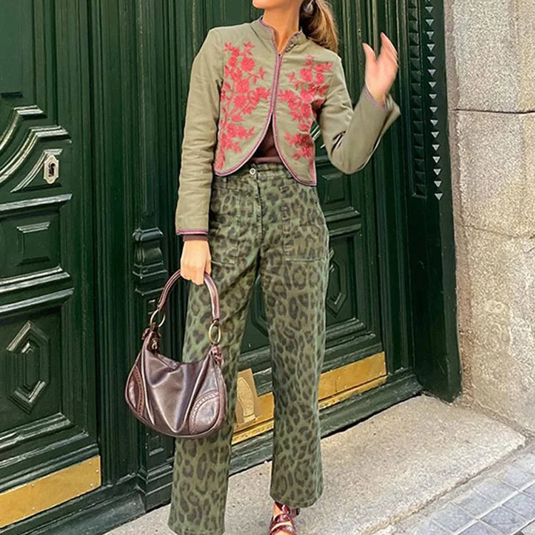 Women Fashion Print Trousers Two-piece Suit Embroidery Long-sleeved Coat High Waist Pants Sets  Spring Casual Lady Outfit