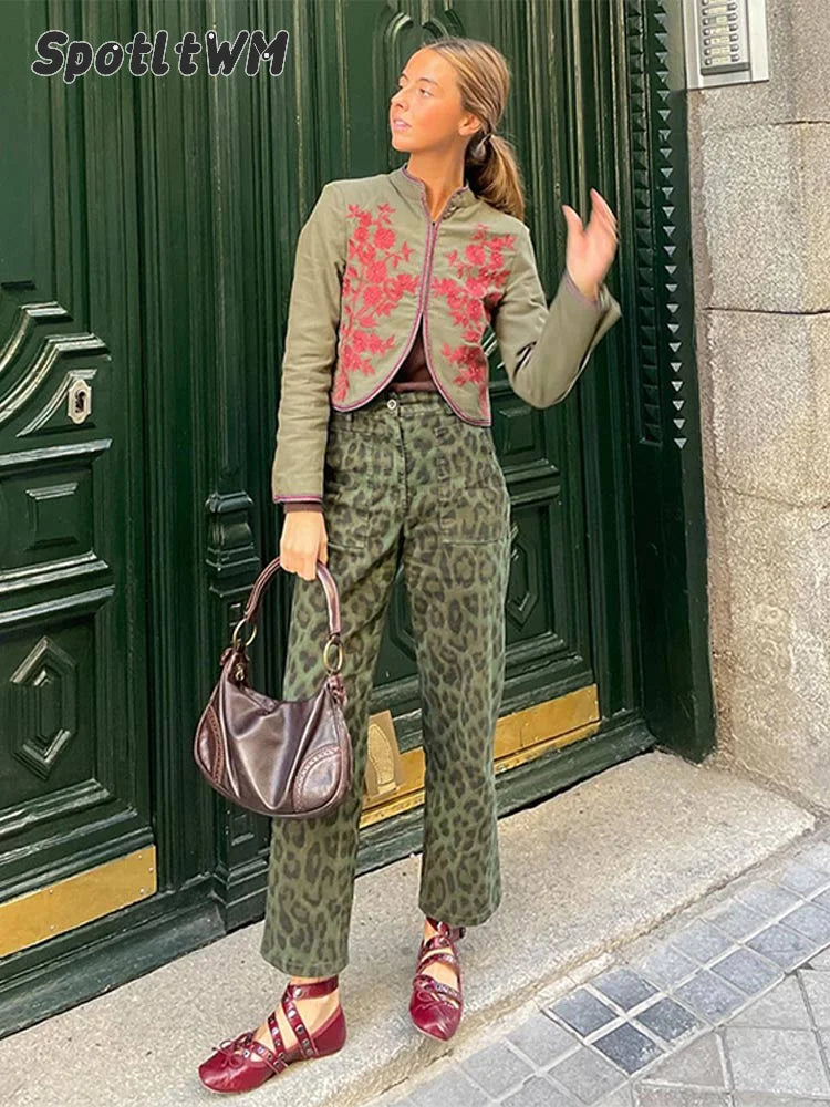 Women Fashion Print Trousers Two-piece Suit Embroidery Long-sleeved Coat High Waist Pants Sets Spring Casual Lady Outfit
