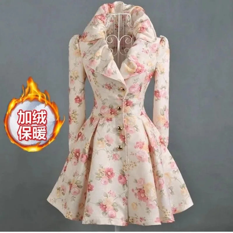 Women Windbreaker Mid Length Autumn New 2023 Trendy Westernized Large Lapel Print With Waistband Skirt Hem For Women's Outerwear