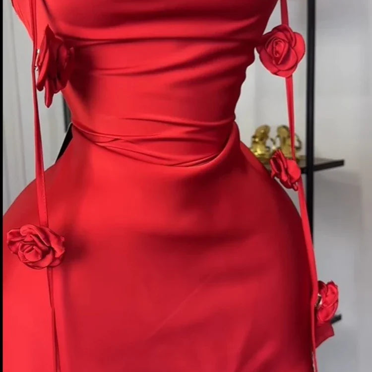 CM.YAYA Women Floral Applique Sleeveless Strap Midi A-line Dress 2025 Summer Holiday Birthday Sexy Club Party Evening Dresses