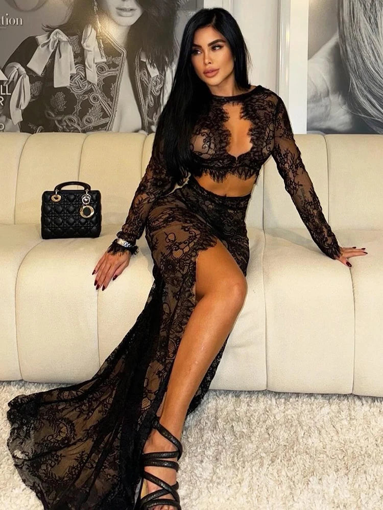 VC Black Lace Cut Out Long Dress Backless High Split Maxi Long Sleeves O Neck Celebrity Slim Cocktail Party Evening Gowns