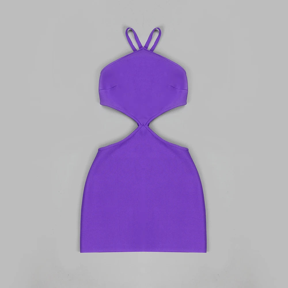 2022 New Purple Rayon Bandage Sexy Backless Bodycon Mini Dress Women Fashion Halter Nightclub Party Celebrate Outfit Vestido