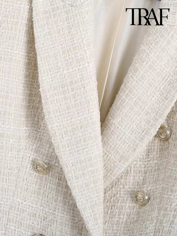 Women Fashion Tweed Double Breasted Blazer Coat Vintage Long Sleeve Flap Pockets Female Outerwear Chic Veste Femme