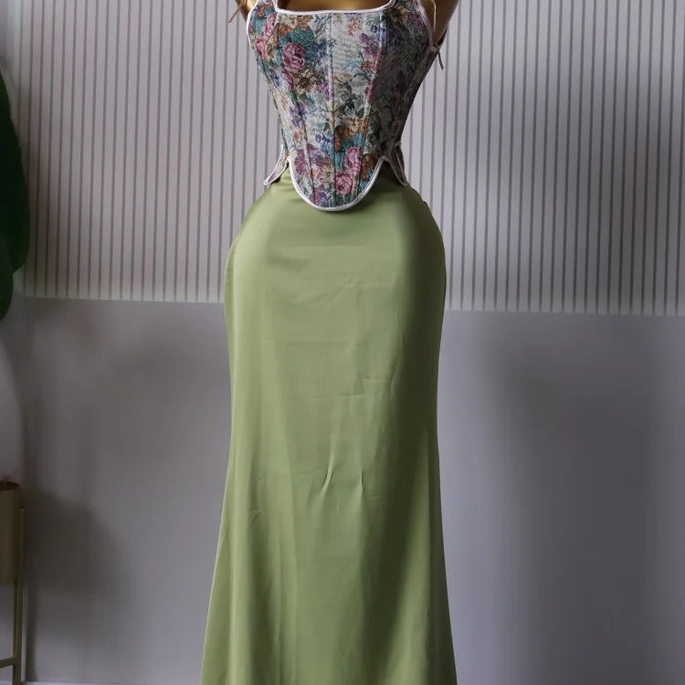 CM.YAYA Women's Dress Set Print Bow Corset Top and Maxi Long Skirt Suit 2025 Summer Elegant Evening Two 2 Piece Set Outfits