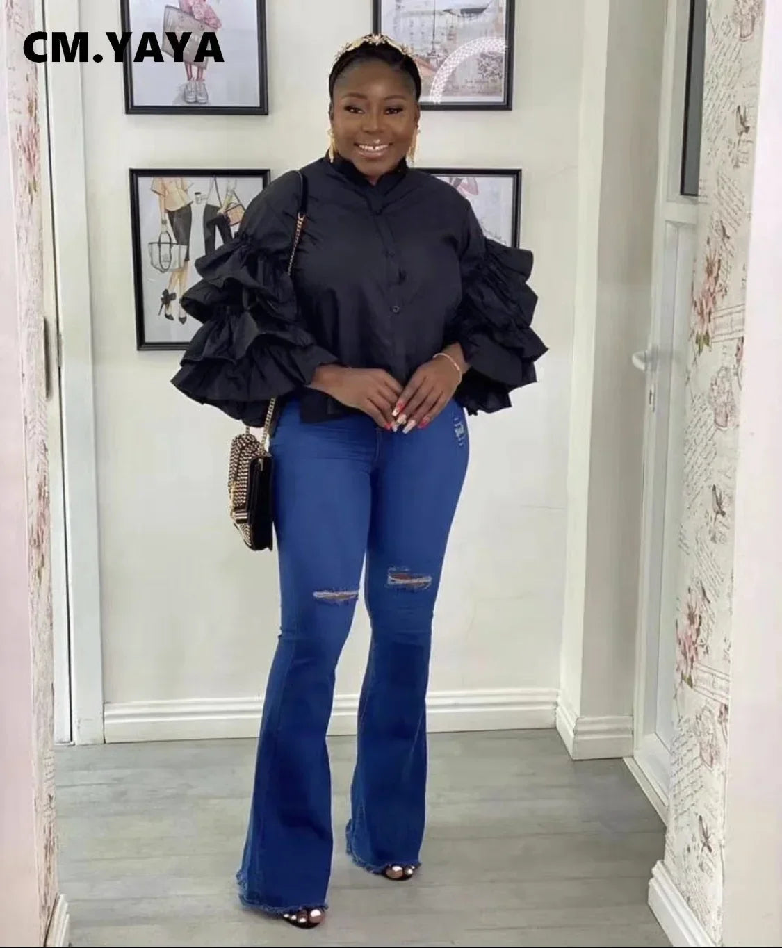 CM.YAYA Women Shirts Solid Full Ruffles Sleeve Turn-down Collar Single Breasted Loose Shirts Office Lady Streetwear Summer Tops