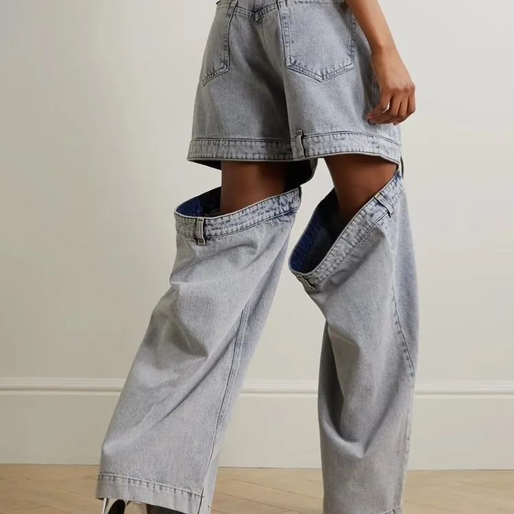 Hollow Out Streetwear Denim Trousers For Women High Wasit Loose Patchwork Wide Leg Pats Female Fashion Summer Clothing New