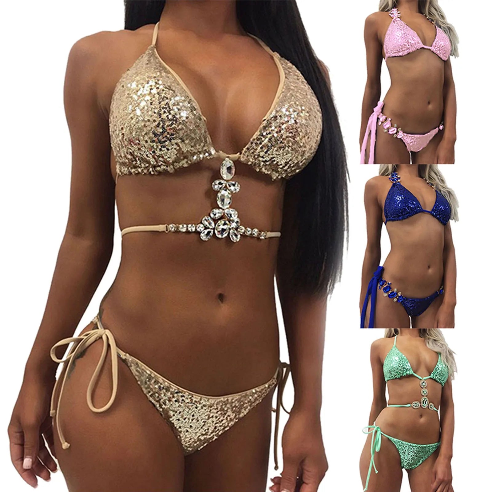 Sexy Sequin Bikini Sets Women Swimsuit Clothing Set Biquini Split Push Up Sexy Hot Y2k Halter Mujer Swimwear Suit Bikini