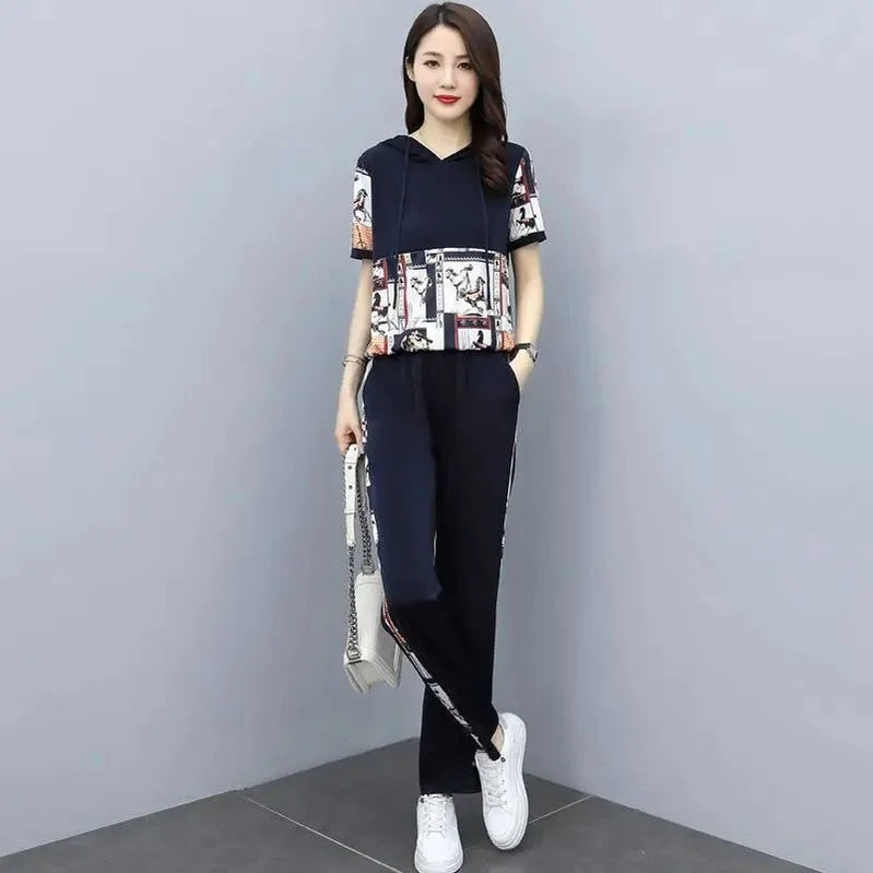 Women's Large Autumn New Casual Suit Loose Fashion Printed Hooded Short Sleeve Tops And Pants 2 Two Piece Set Plus Size Clothing