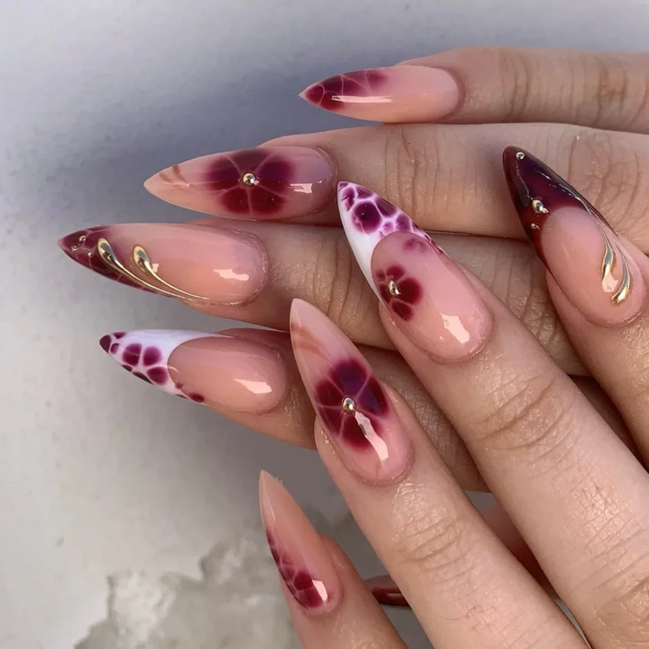 24Pcs Wine Red Flower Smudge White French Full Cover Nails Tips Art Mid-length Almond Press on Fake Nails Detachable False Nails